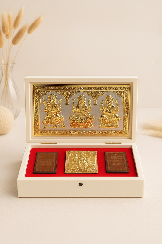Gold Plated Laxmi, Ganesh, Saraswati Paduka