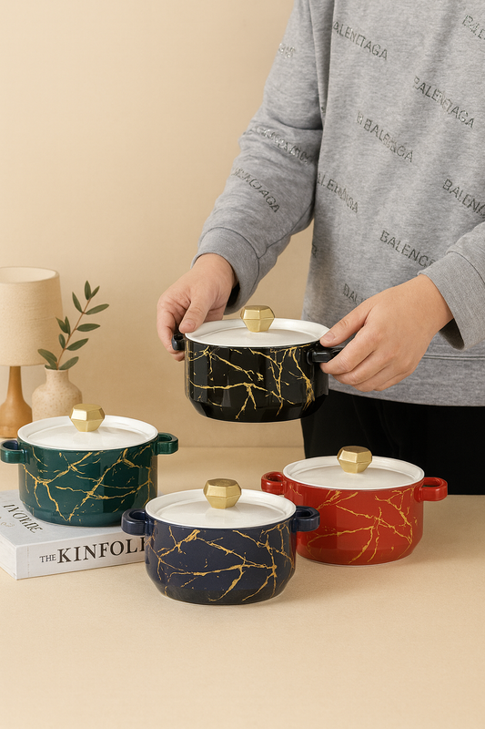 ceramic cook-and-serve casseroles or bowls with lids.