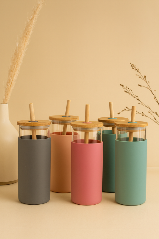 Bamboo-Lid Glass Tumbler Set – Multicolour Edition